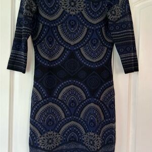 J Taylor Womens M Crew Neck Fitted Sweater Dress 3/4 Sleeve Blue Mixed Pattern